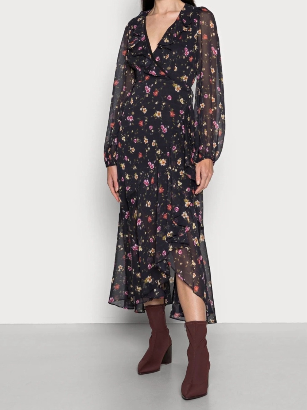 Guess Black Floral Sheer Long Sleeves Flowy Asymmetric Hem Mid Dress 2